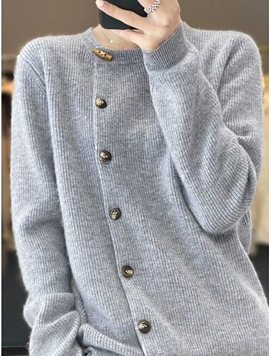  Per donna Cardigan Maglione Moda Informale Morbido Tinta unica A coste Girocollo Collage Bottoni Manica lunga Top regolari Maglia Giornaliero Per uscire Fine settimana Nero Beige Autunno Inverno
