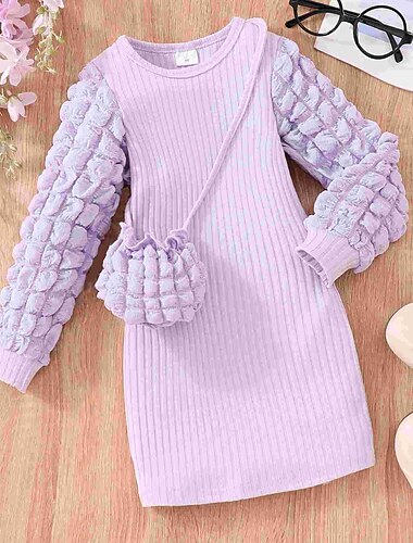  Batole Dívčí Šaty Pevná barva Dlouhý rukáv Škola Výkon Nabírané šaty Aktivní Módní Polyester Midi Úpletové šaty Jaro Podzim 3-7 let Levandule fialová Černá Bílá
