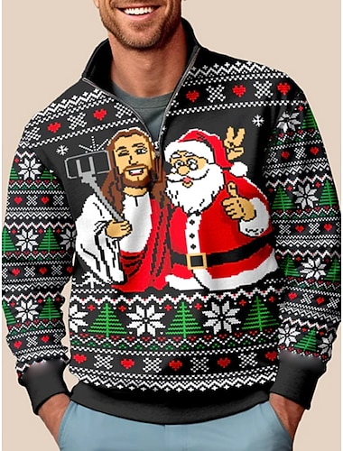  رجالي الرسم نمط عيد الميلاد بلوزات كنزة سويت شيرت بسحاب كم طويل سويت شيرت ربع الرمز البريدي الرياضات موضة كاجوال طباعة ثلاثية الأبعاد عطلة رياضة في الهواء الطلق مناسب للعطلات طباعة ربيع & الصيف