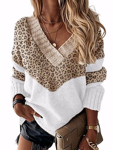  Mujer Suéter de punto Elegante Casual Suave Leopardo Bloque de color Estriado Escote en Pico Retazos Manga Larga Tops regulares Tejer Diario Noche Fin de semana Rosa Azul Piscina Otoño Invierno