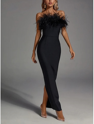  מעטפת \ עמוד שמלות ערב אלגנטית שמלה רשמי עניבה שחורה באורך הקרסול ללא שרוולים סטרפלס ספנדקס עם נוצות שסע 2024