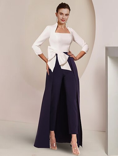  Combinaison  tailleur mère de la mariée invitée de mariage formelle élégante fête encolure carrée longueur cheville tissu extensible manches 3/4 avec nœud(s) bloc de couleur 2025 taille personnalisée