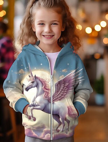  Mädchen 3D Einhorn Kapuzenshirt Mantel Oberbekleidung Langarm 3D-Druck Herbst Winter Aktiv Modisch Kuschelig kinderkleidung 3-12 Jahre Outdoor Casual Täglich Regular Fit