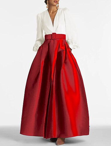  A-Linje Kveldsjakke Høy Spalte Kjole Formell Bryllupsgjest Gulvlengde Lang Erme V Utringning Belte  Bånd Sateng med Folder Spalte