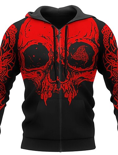  Herren Schädel Neuheits-Skelette Hoodie Hoodies Sweatshirt Mode Cool Langarm Kapuzenurlaub Urlaub Schwarz Rot Druck Frühling  Herbst Designer
