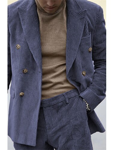  Herren Corduroy Hochzeitsanzüge Hellblau Schwarz Casual Einfarbig Maßgeschneidert 2-teilig Doppelreiher Sechs-Knopf