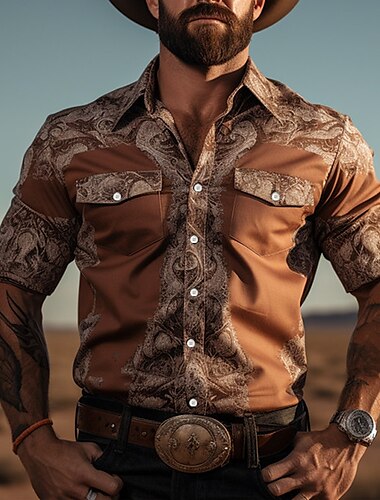  Hombre Cachemir Camisa camisa occidental Camisa vaquera Manga Larga Vintage Casual estilo occidental Exterior Calle Casual Diario Otoño invierno Cuello Vuelto Botones Estampado Marrón