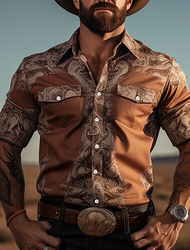  Paisley Vintage Casual Western stijl Voor heren Overhemd Cowboyshirt Buiten Straat Casual / Dagelijks Herfst winter Strijkijzer Lange mouw Bruin S M L Overhemd