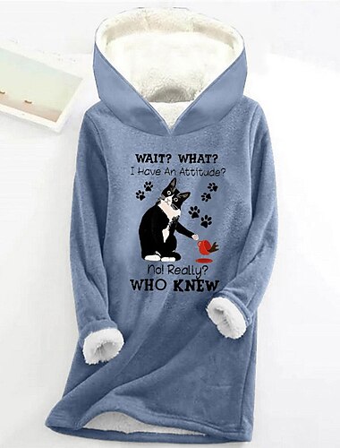  felpa con cappuccio da donna pullover sherpa gatto lettera casual sport stampa caldo divertente peloso felpa con cappuccio manica lunga top micro-elastico autunno&amp;tessuto morbido traspirante