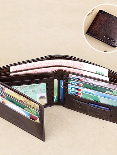  RFID-blockierendes, zweifach faltbares Portemonnaie für Herren, schmales Kartenetui aus echtem Leder mit Sichtfenster für Ausweise und Bargeldfach, klassischer Business-Stil für den täglichen Gebrauch und auf Reisen