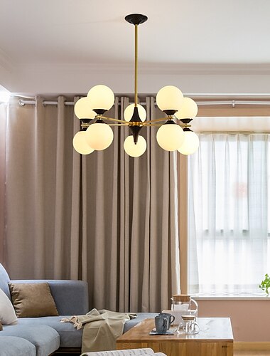  LED-Kronleuchter, 6/8/10/12-flammiger Kugel-Kronleuchter aus Sputnik-Metall, Vintage-Gold-Chrom-Finish, industriell bei Lichteinfall, kugelförmiges Opalglas für Restaurant, Wohnzimmer, Gold Hega 10