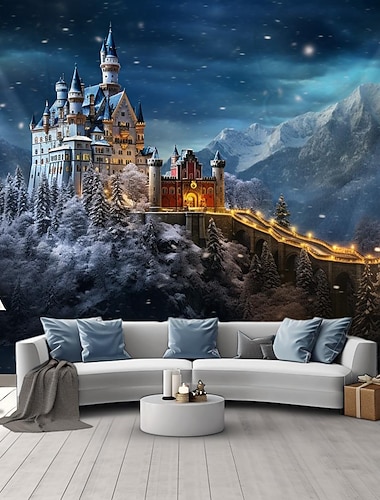  arazzo da parete con castello bianco delle meraviglie, grande arazzo, decorazione murale, fondale fotografico, coperta, tenda, casa, camera da letto, soggiorno, decorazione