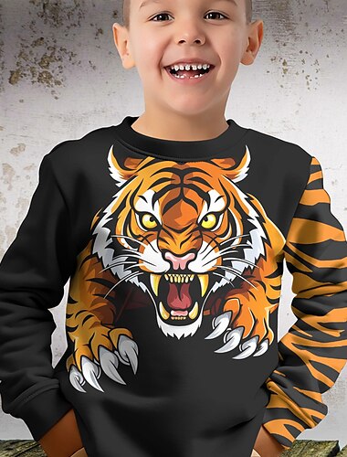  Para Meninos 3D Tigre Moletom Pullover Manga Longa Impressão 3D Outono Inverno Moda Roupa de rua Legal Infantil 3-12 anos 4-12 anos Ao ar livre Casual Diário Normal
