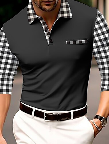  Herren Polos mit Knöpfen Poloshirt Casual Sport Kargen Langarm Modisch Basic Plaid Patchwork Taste Frühling & Herbst Regular Fit Schwarz Marineblau Orange Polos mit Knöpfen