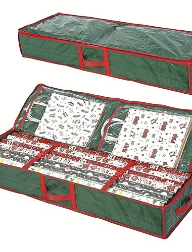  Контейнер для хранения подарочной упаковочной бумаги, органайзер для рождественской упаковки с внутренними карманами, ручками и застежкой-молнией, место для хранения под кроватью