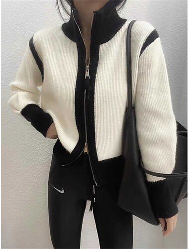  Per donna Cardigan Maglione Colletto alla coreana A coste Maglia Collage Cerniera Autunno Inverno Esterno Giornaliero Per uscire Moda Informale Morbido Manica lunga Color Block Nero Bianco