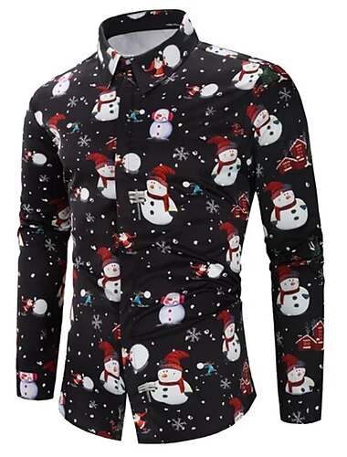  christmas menns christmas scene trykte skjorter skjorter snømann uformell utendørs gate fall &amp; vinter turndown langermet sort s m l