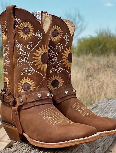  Damen Stiefel Cowboy Westernstiefel Übergrössen Cowgirl-Stiefel Outdoor Täglich Blumen Stiefel mit mittlerer Wade Winter Schnalle Stickerei Blockabsatz Quadratischer Zeh Vintage Brautkleider schlicht