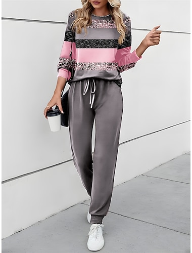  Ensemble de survêtement actif en 2 pièces pour femme pantalons sweat-shirt joggers pantalons manches longues col rond couleur bloc cordon imprimé extérieur décontracté jaune rose bleu printemps et