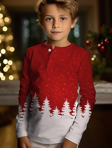  Drenge 3D Snefnug Jule T-shirt Henley skjorte Langærmet 3D-udskrivning Efterår Vinter Sport Mode Gade Børn 3-12 år Rund hals udendørs Afslappet Daglig Regulær
