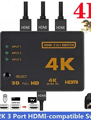  Divisor de cable hdmi 4k 2k 3x1, adaptador conmutador de vídeo hd 1080p, 3 entradas, 1 puerto de salida, concentrador hdmi para xbox, ps4, dvd, hdtv, pc, portátil y tv