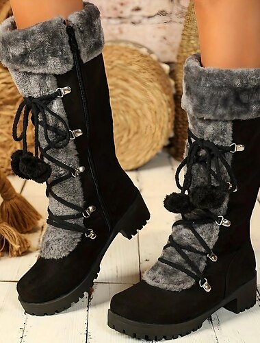  Botas de invierno negras con cordones para mujer, ribete de piel sintética, detalles de pompones y suela resistente antideslizante para usar al aire libre en la nieve y en climas fríos.
