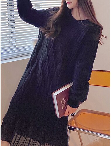  Damen strickkleid Strickkleid Pulloverkleid kleid lang Strickware Modisch Täglich Glatt Outdoor Casual Festtage Urlaub Rundhalsausschnitt Langarm Rüschen Patchwork 2023 Lockere Passform Schwarz Wei