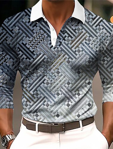  Herre Geometrisk Poloskjorter Golf skjorte Langermet Poloskjorter Skjorter med krage Business Casual Arbeidstøy Formell klær Festivalklær 3D-utskrift Knapper Høst vinter Gul Blå