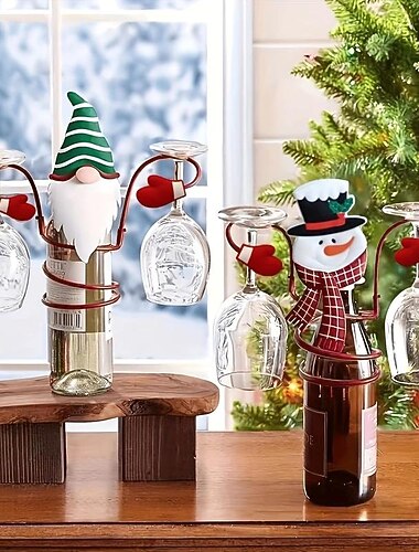 クリスマスホリデーワインボトルグラスホルダー、吊り下げ式グラスオーガナイザー付きお祝いの赤ワインラック、クリスマスディナーバーのホームデコレーション用のホリデーパーティーテーブルデコレーション