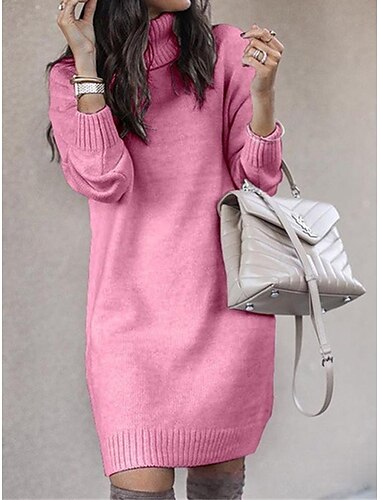  Damen Pullover Kleid Stilvoll Brautkleider schlicht Weich Feste Farbe Gerippt Rollkragen Strick Langarm Lange Oberteile Stricken Outdoor Täglich Ausgehen Weiß Gelb Herbst Winter