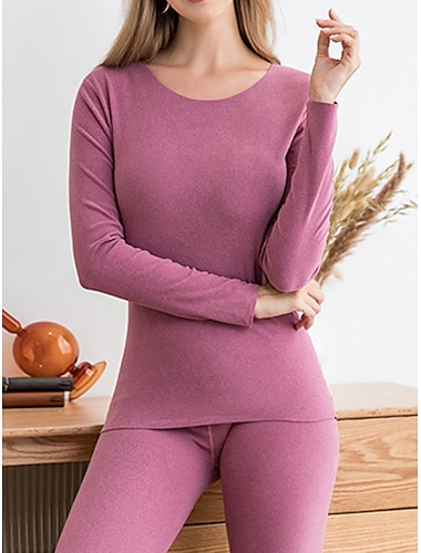  termoset för kvinnor ren färg varm avslappnad komfort hem dagligen gå ut varm rund hals långärmad byxa elastisk midja höst vinter hem outfits