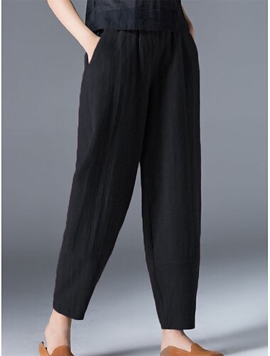  Damen Hose aus Baumwollleinen Lange Unterhosen Abgeschnittene Hose Urlaub Streetwear Lässig Knöchellang Hohe Taille Einfach Tasche Elastischer Bund Hoher Schnitt Atmungsaktivität Bequem Mikroelastisch