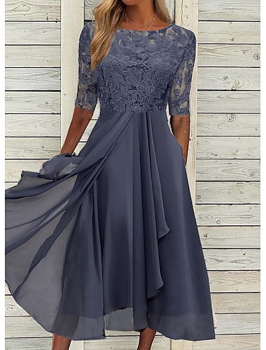  rochie de cocktail pentru femei rochie din dantelă rochie midi verde albastru violet jumătate de mânecă broderie florală dantelă toamnă primăvară decolteu elegant clasic invitată la nuntă 2023 s m l