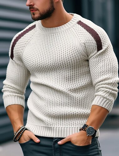  Homme Pull Pull court A côtes Crocheté Tricoter Normal Tricoté Bloc de couleur Col Ras du Cou Garder au chaud Moderne contemporain Usage quotidien Sortie Vêtement Tenue Manche raglan Automne Hiver