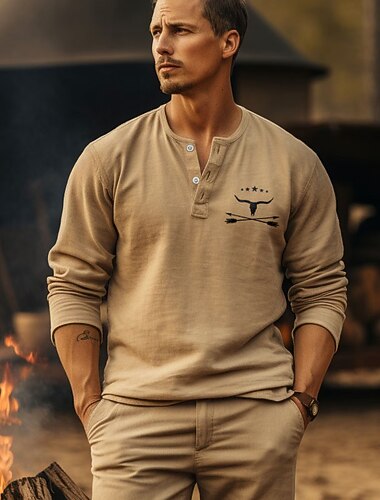  Ανδρικά Γραφική Κατασκήνωση Cowboy Πουκάμισο Henley Μακρυμάνικο 3D εκτύπωση Καθημερινά Καθημερινό Vintage ρετρό Υπαίθρια Αθλήματα Causal Εξόδου Άνοιξη & Χειμώνας