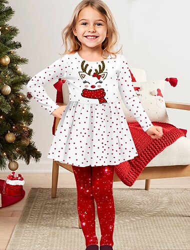  クリスマス 女の子 3D 各 Tシャツ＆レギンス フリルドレスセット 長袖 3Dプリント 秋 冬 活発的 ファッション 日常 ポリエステル 子供 3〜12年 アウトドア デート バケーション レギュラー