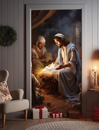  juledørdekorasjoner julekrybbe dørdeksler dørteppe dørgardindekorasjon julebakgrunn dørbanner til inngangsdør ferie festdekor rekvisita