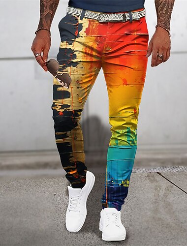  Geleidelijk Abstract Voor heren 3D-afdrukken Broeken Buiten Straat Uitgaan Polyester Geel Blauw Oranje S M L Medium Taille Elasticiteit Broek