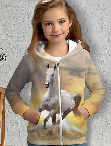  3D-Pferde-Hoodie-Mantel für Mädchen, Oberbekleidung, langärmelig, 3D-Druck, Herbst, Winter, aktiv, modisch, niedlich, Polyester, Kinder 3–12 Jahre, draußen, lässig, täglich, normale Passform