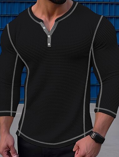  Pánské Vaflové tričko Tričko s knoflíkem Tričko Waffle Henley košile Dlouhý rukáv Henley Jaro & podzim Barevné bloky Vinobraní Designové Základní Slátanina Dovolená ulice Jdeme ven Černá Bíl
