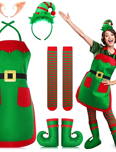  Kerstman Elf Mrs.Claus Outfits Kerstmuts Voor heren Dames Kerstmis Volwassenen Kerstmis Carnaval kerstavond Kerstmis Feest Helm Schort Kousen Schoenen