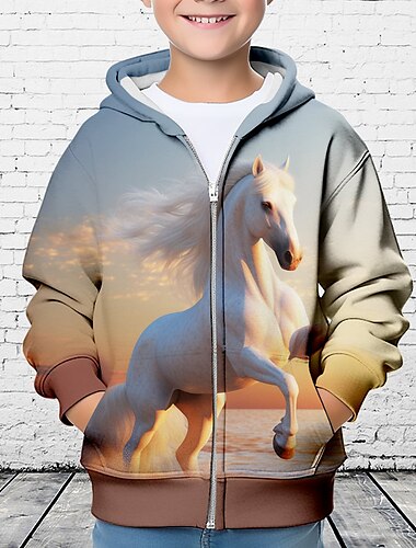  Jungen 3D Pferd Kapuzenshirt Mantel Oberbekleidung Langarm 3D-Druck Herbst Winter Modisch Strassenmode Cool Polyester kinderkleidung 3-12 Jahre Outdoor Casual Täglich Regular Fit