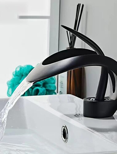  ウォーターフォールバスルームシンク蛇口、センターセット湾曲シングルハンドルワンホールバスタップ、温水および冷水スイッチ付き、セラミックバルブ内部