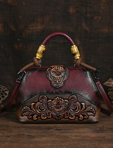  Women's Handbag Crossbody Bag Shoulder Bag Boston Bag PU Leather Party Daily Holiday Embossed Large Capacity Lightweight Durable Color Block Flower Folk dark brown claret ArmyGreen