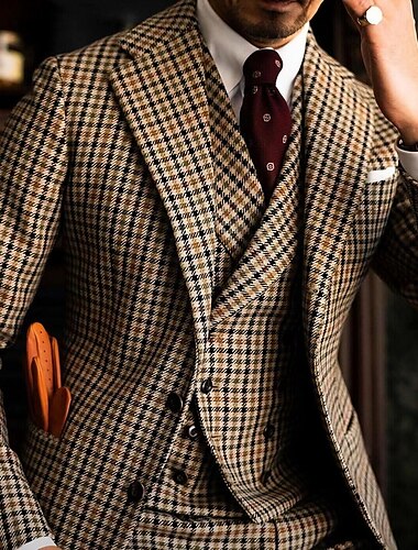  Khaki Men's Plaid Checkered Wedding Suits 3 Piece Tailored Fit Single Breasted Two-buttons 2024