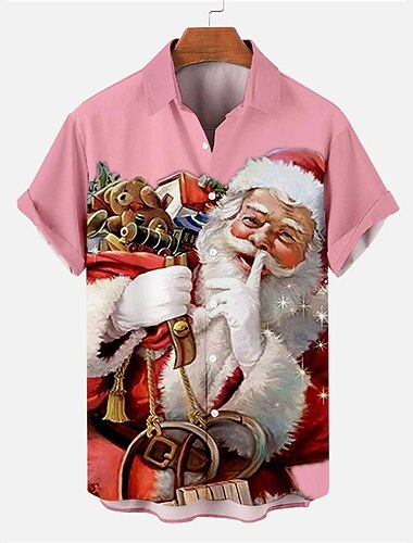  Christmas Men's Santa Claus Printed Shirts Santa Claus Casual Outdoor Street Fall Turndown Short Sleeve Black White Pink S M L Shirt