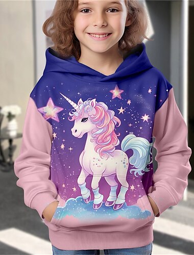  Девочки 3D Галактика единорогом Толстовка Pullover Длинный рукав 3D печать Осень Зима Активный Мода Симпатичные Стиль Дети 3-12 лет на открытом воздухе Повседневные Стандартный