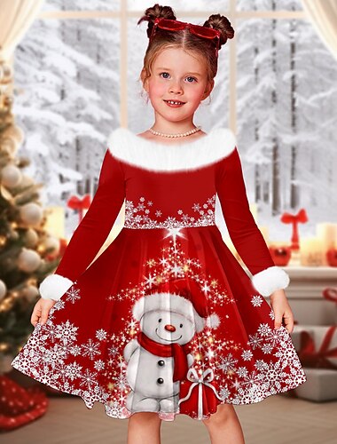  Weihnachten Mädchen' 3D Jeder Schneemann Schneeflocke Weihnachtsoutfit Kleid Schneeflockenkleid Langarm 3D-Druck Herbst Winter Sport & Natur Täglich Festtage Kuschelig Brautkleider schlicht Schön