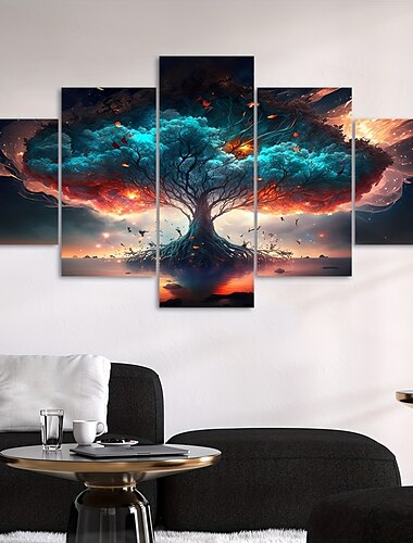  5 paneles de árbol de la vida, arte de pared de plantas, imagen moderna, decoración del hogar, colgante de pared, regalo, lienzo enrollado sin marco y sin estirar