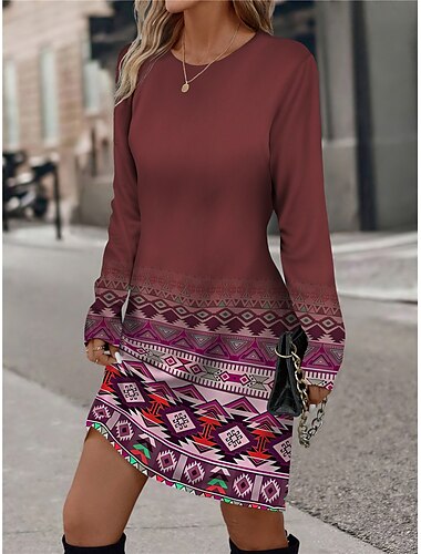  Mini-Kleid für Frauen Hoodie Kleid lässiges Kleid Winterkleid geometrischer Farbblockdruck Rundhalsausschnitt vintage ethnisch Urlaub langärmlig Herbst Winter